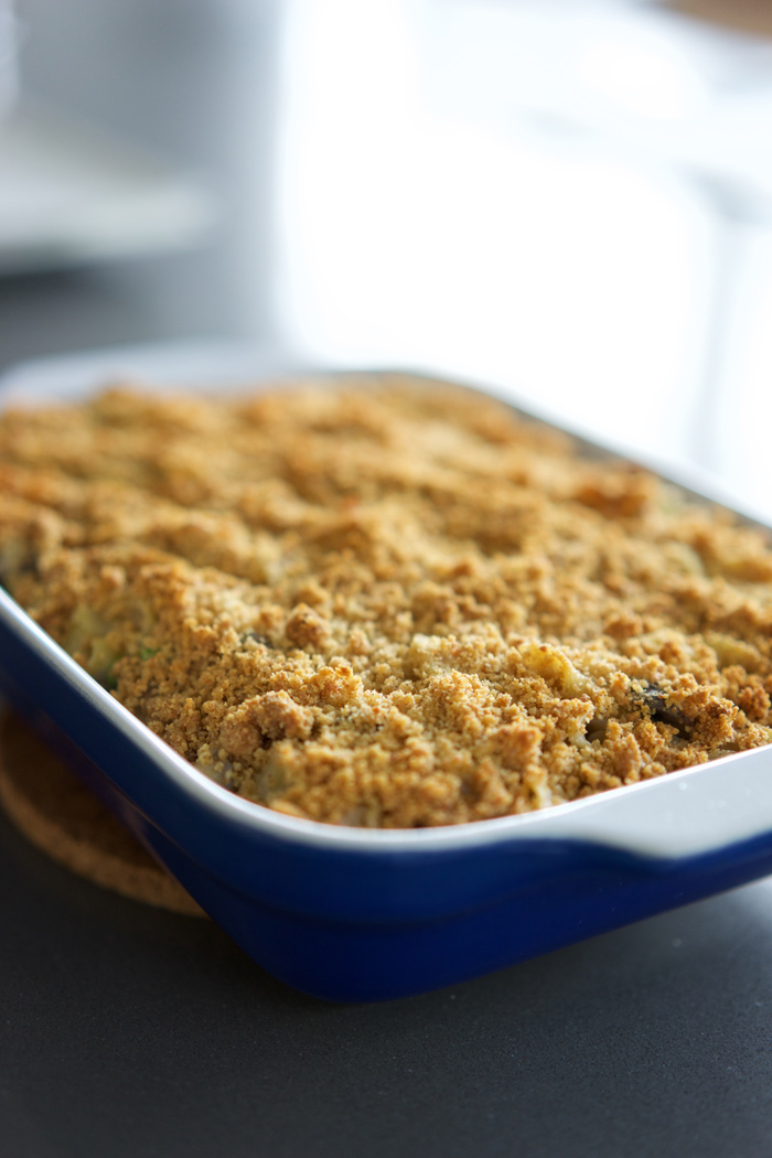 Deep golden breadcrumbs top the casserole as it emerges from the oven