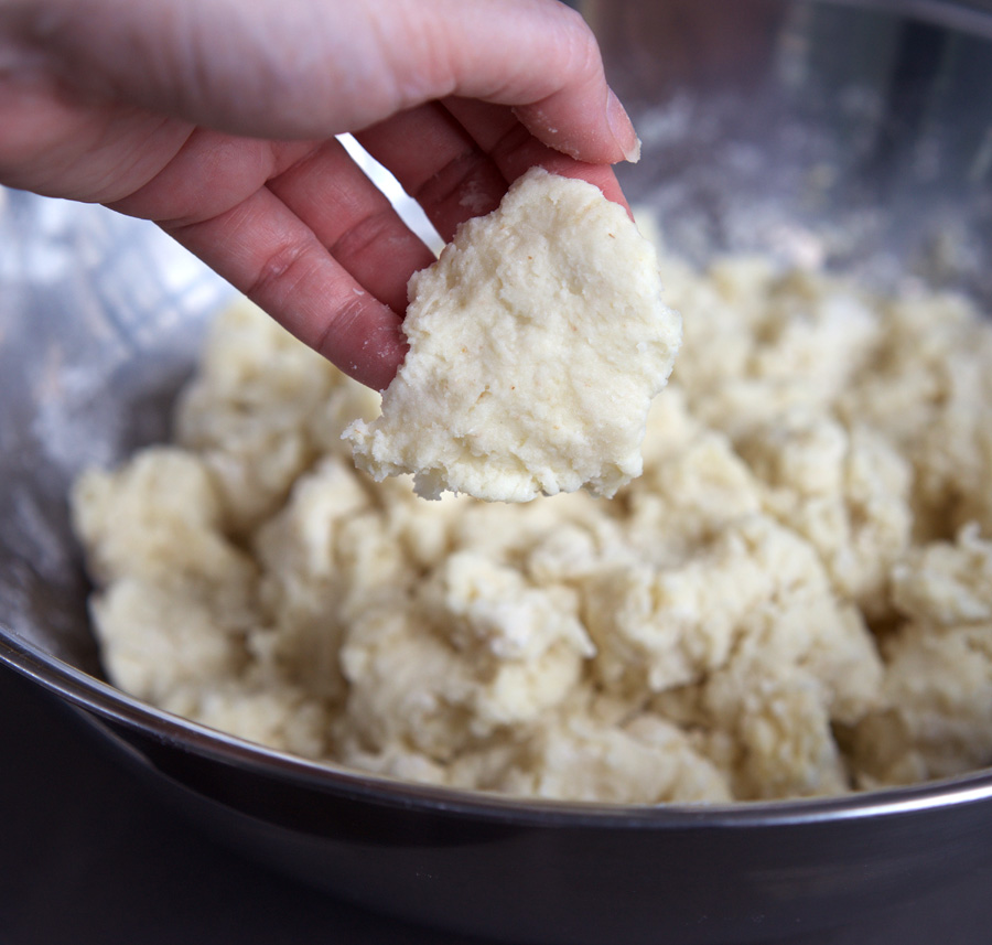 The dough should hold together into a somewhat sticky but smooth piece when pressed